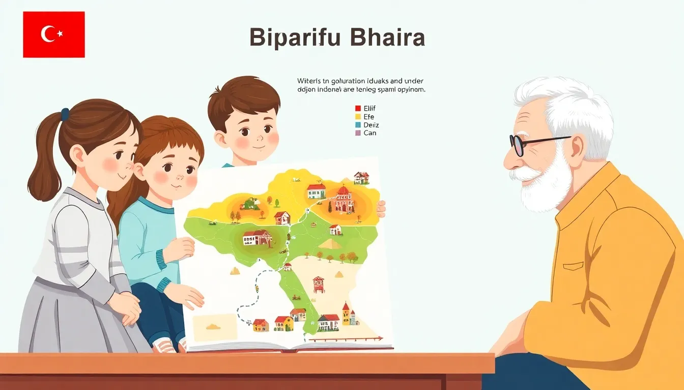 A clean educational infographic showing four children (Elif, Efe, Deniz, Can) with their grandfather studying a colorful Aydın province map. Map uses different height colors and building symbols. Mini