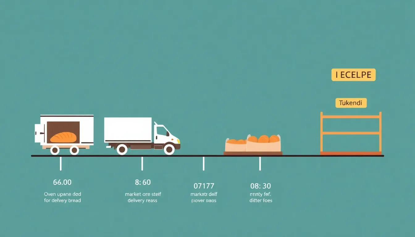 A minimal educational infographic showing a timeline from 06:00 to 08:30: oven baking bread at 06:00, delivery truck at 07:00, market shelf with bread at 08:00, and empty shelf with "Tükendi" sign at