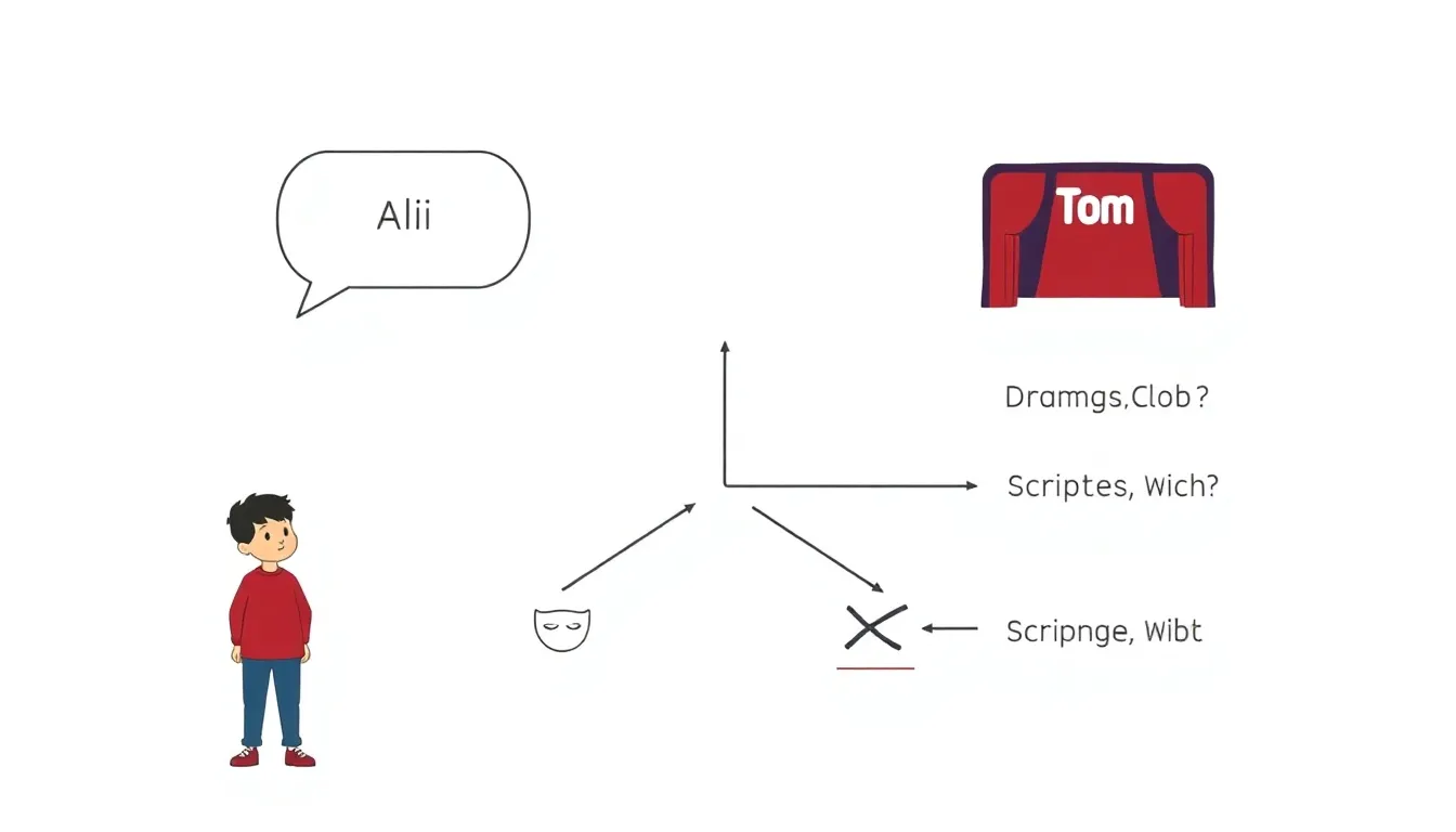 A clean educational infographic with a minimal white background showing a simple branching diagram. A Turkish boy labeled "Ali" stands on the left, an English boy "Tom" asks questions via speech bubbl