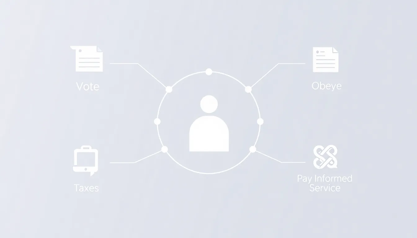 A clean, minimal infographic in light tones: a central human icon surrounded by connected icons for voting, community service, obeying laws, paying taxes, and staying informed. Simple educati