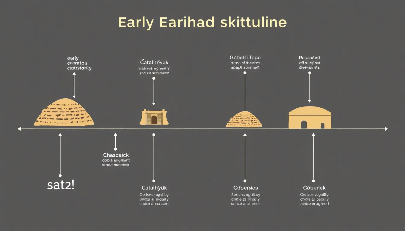 A clean educational infographic in light minimal style. A timeline of early Anatolian settlements like Çatalhöyük and Göbekli Tepe. Arrows connect archaeological excavation icons to shared st