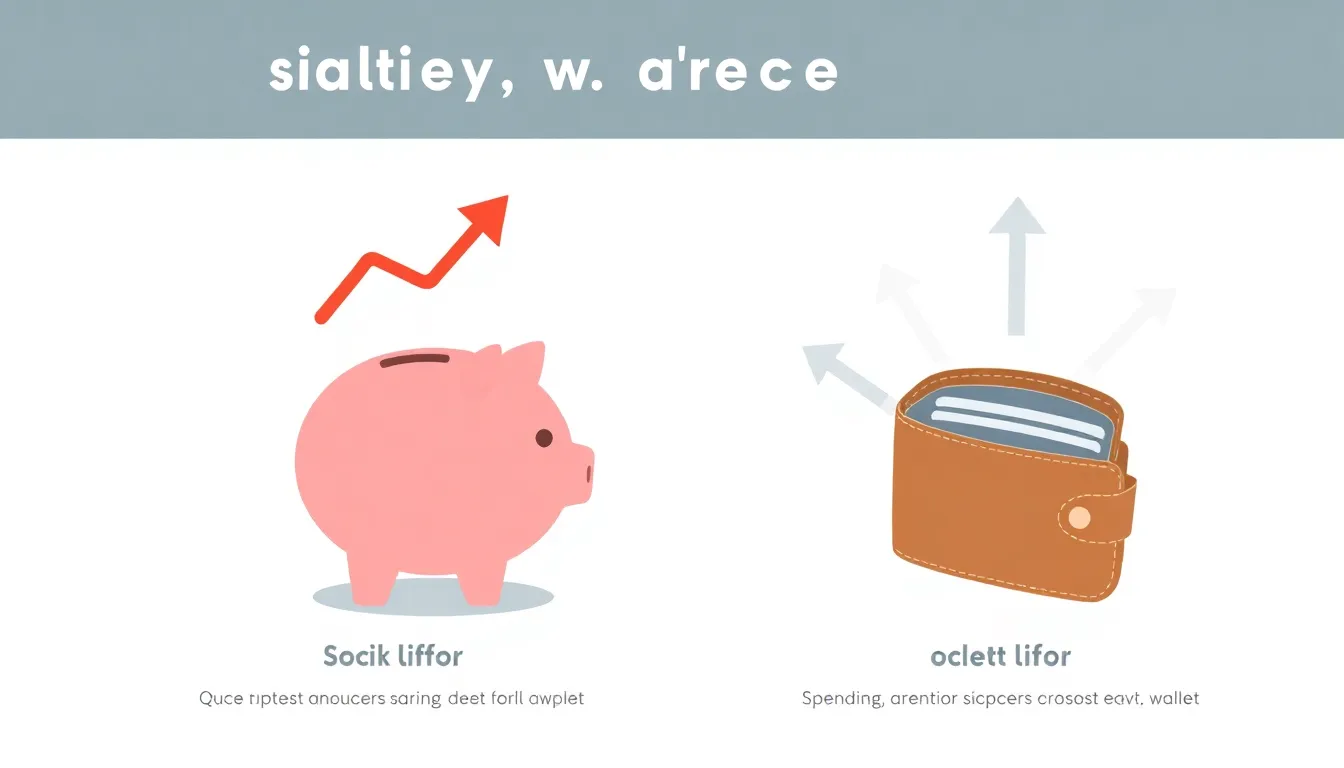 Create a clean, minimal educational infographic comparing two societies: one with a piggy bank and savings arrow upward, the other with spending arrows and empty wallet. Use simple icons, lig