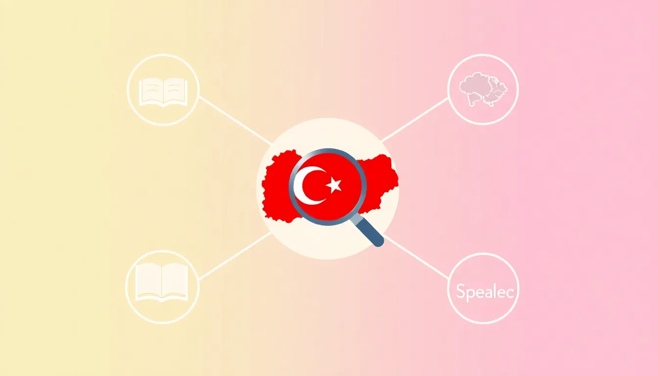 A clean, minimal educational diagram for a social studies question. A central icon of Turkey with a magnifying glass. Radiating outward, four simple geometric nodes: a book (sources), a speec
