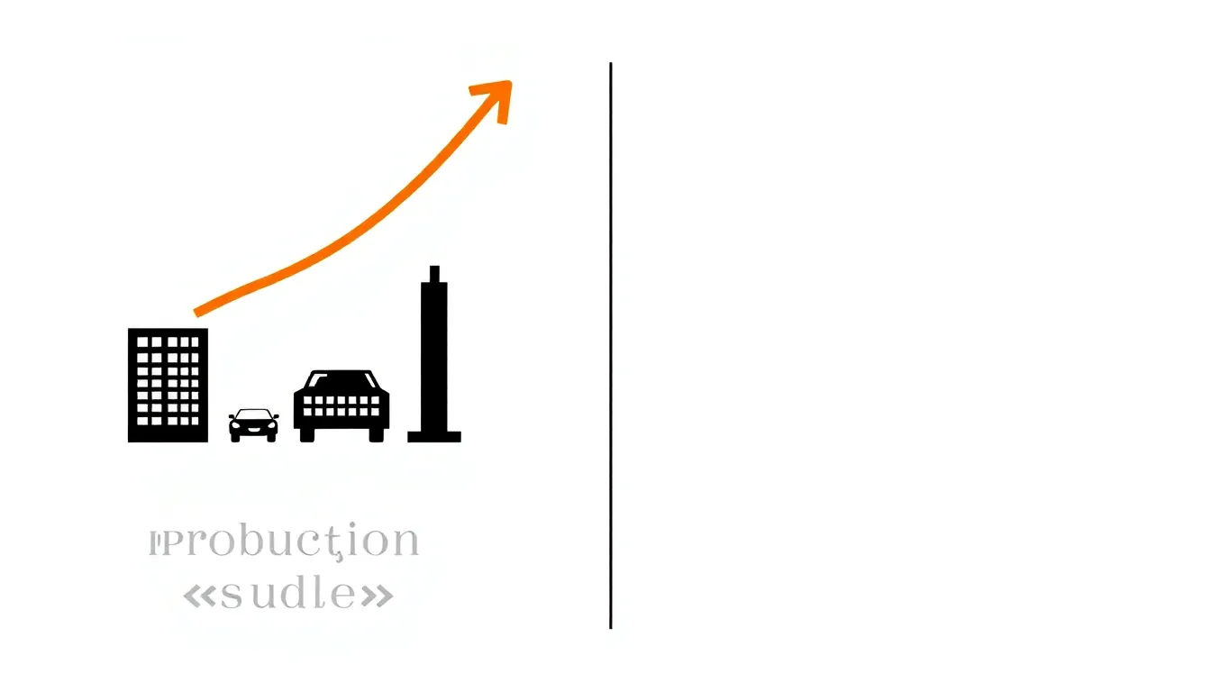 A clean infographic-style diagram on a white background. Left side: rising car factory icons with upward arrow labeled "Production doubled" (no text in image, show visually). Right side: down