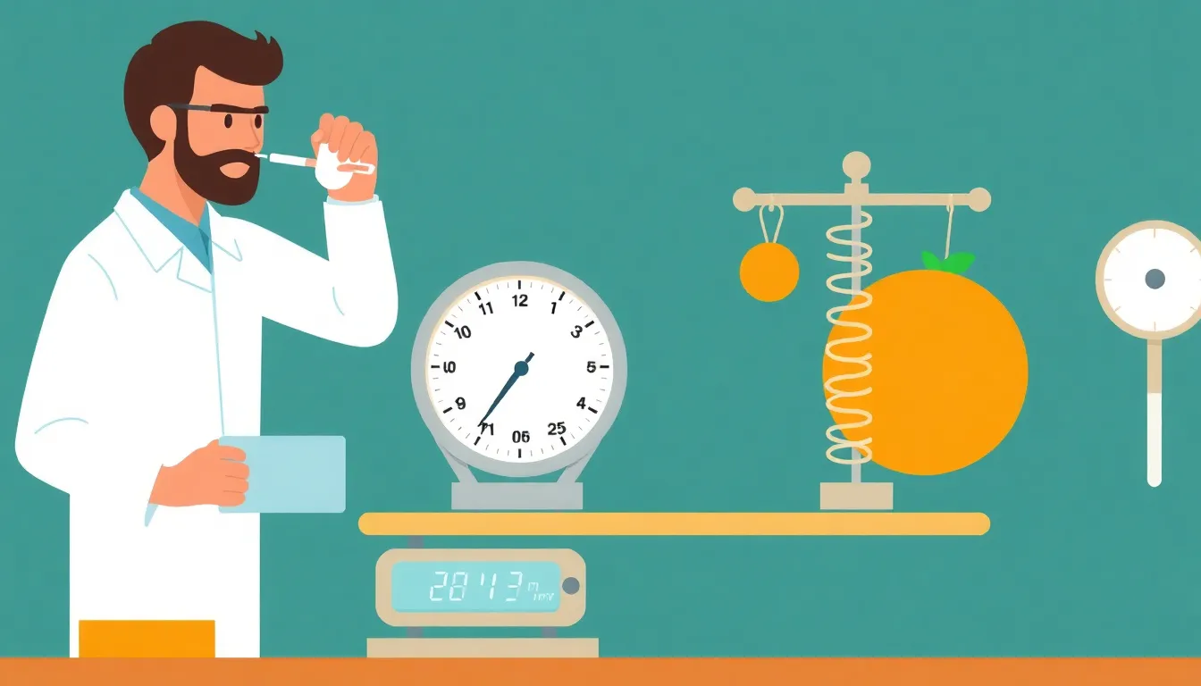 A clean educational infographic showing a researcher using a spring scale (dynamometer) to measure the weight of two objects of different masses. The scale displays force readings in Newtons
