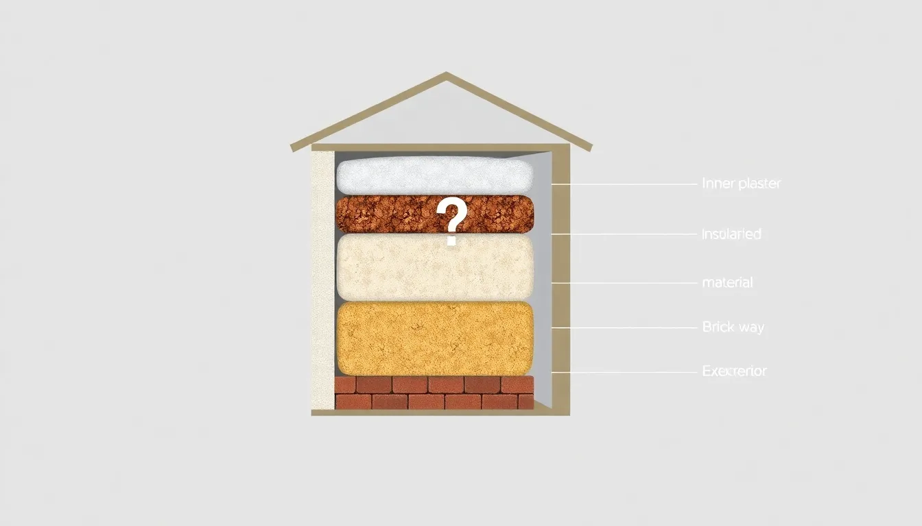 A clean educational diagram illustrating a cross-section of a house wall in Kars, Turkey. Five layers from interior to exterior: inner plaster, insulation material layer (with question mark), brick wa