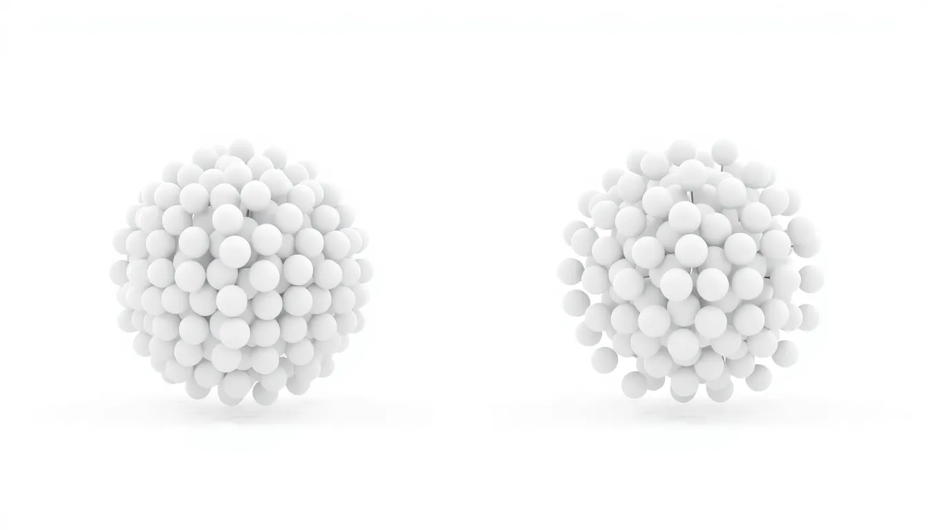 A clean LGS-style educational infographic showing two particle models side by side on a white background. Left: densely packed, orderly arranged small spheres performing vibration motion. Rig
