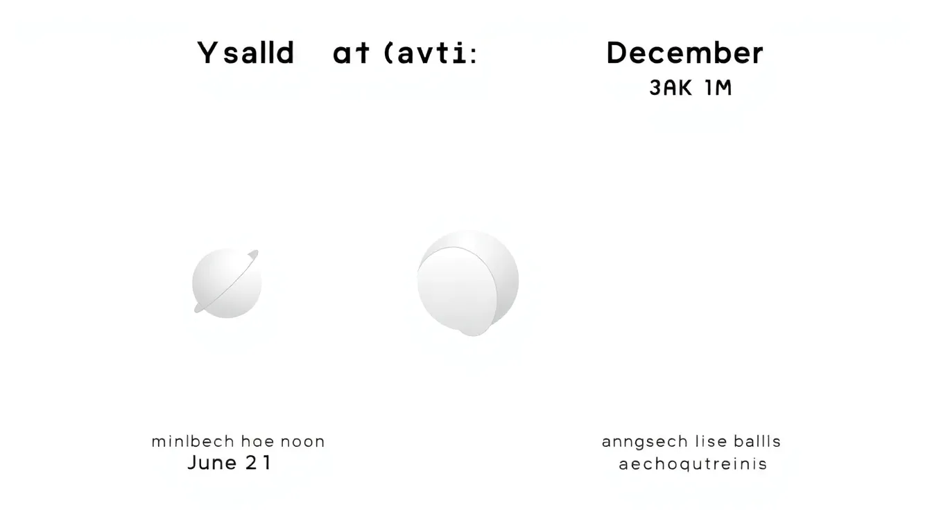 A split-diagram showing a ball in a yard: left side labeled "June 21" with minimal shadow at noon and a shadow twice the ball’s diameter at 3 PM; right side labeled "December 21" with a longer noon sh