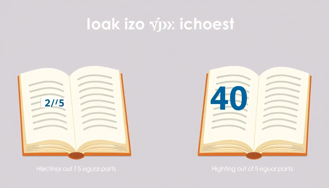 A clean educational infographic showing two identical books split into visual segments. One book has 2/5 highlighted in blue (2 sections out of 5 equal parts). The other book shows 40% highli