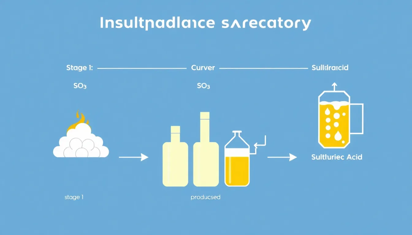 A clean educational infographic showing a three-stage industrial system: Stage 1, burning sulfur to produce SO₂; Stage 2, converting SO₂ to SO₃; Stage 3, producing sulfuric acid. Minimal diag