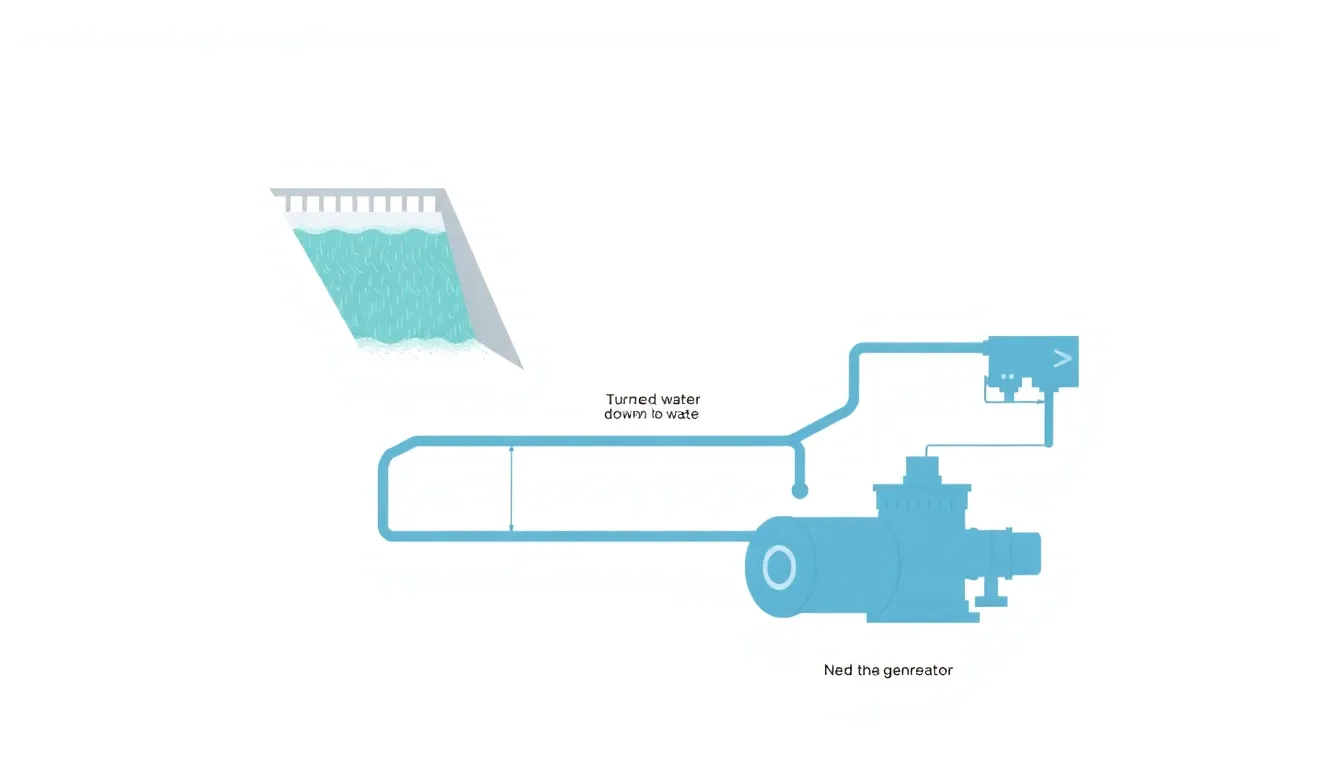 A clean educational infographic diagram of a hydroelectric power plant, minimal style, white background. Show a dam with stored water, a pipeline going downhill to turbines and a generator. Label the