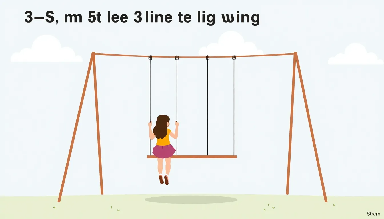 Create an educational, minimal infographic in LGS exam style. A 3-meter-long swing with a 40 kg girl. Show two swing positions: Position 1 (highest point, 2 meters above ground) and Position 2 (lowest