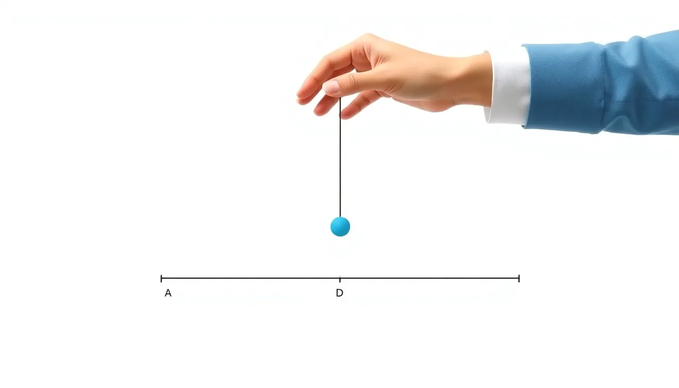 A simple pendulum diagram on a clean white background. At point A, a hand releases the pendulum bob. Minimal educational infographic style, no text, light background. Points labeled B, C, D marked alo