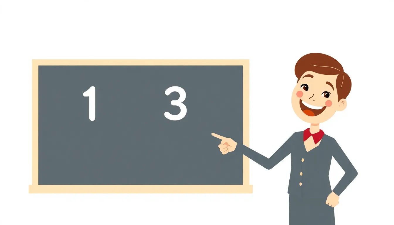 A minimalist educational infographic: a smiling teacher pointing at a blackboard showing the numbers 1, 2, 3 in a row and color swatches of red and blue. Clean vector style, white background, no text,
