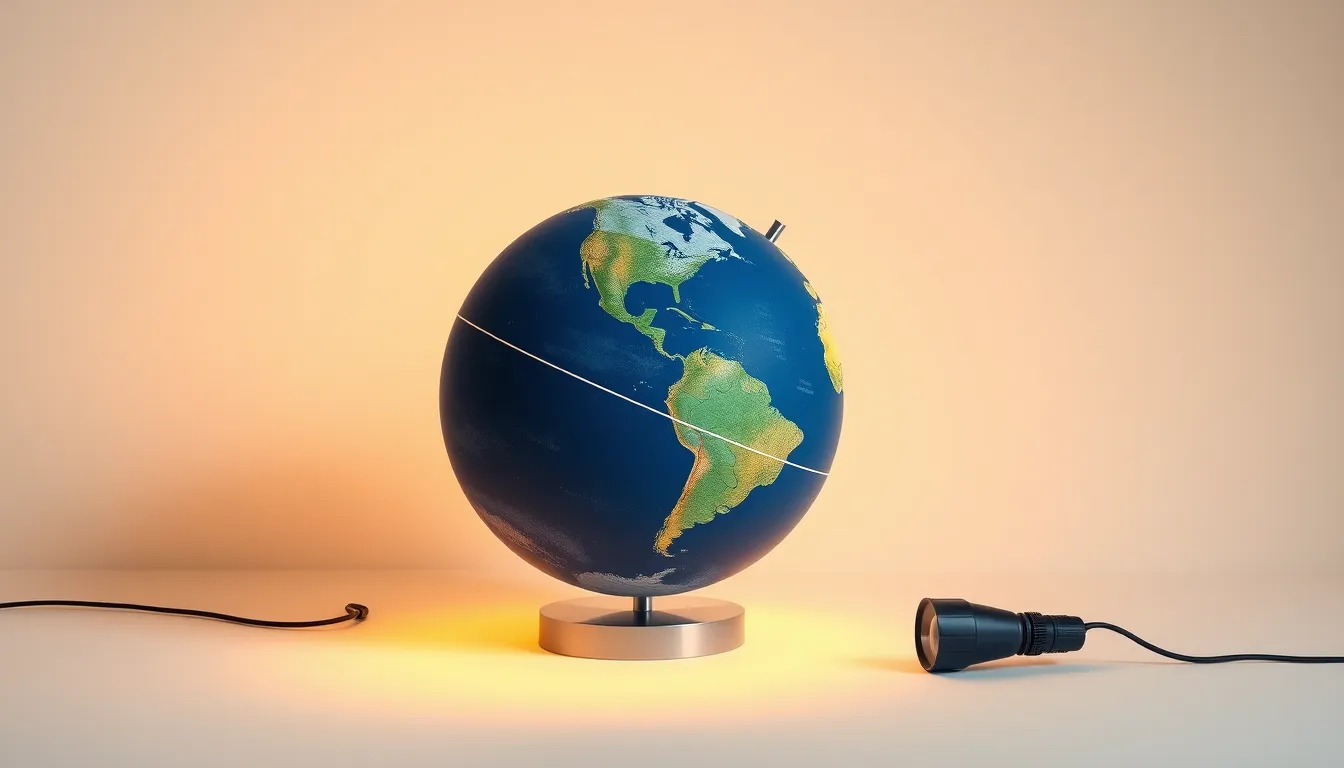A minimalist educational diagram. A tilted globe (Earth) with a 23.5° axial tilt, marked Equator, Tropic of Cancer, and Tropic of Capricorn lines. A flashlight (Sun) nearby. The globe is shown in an o