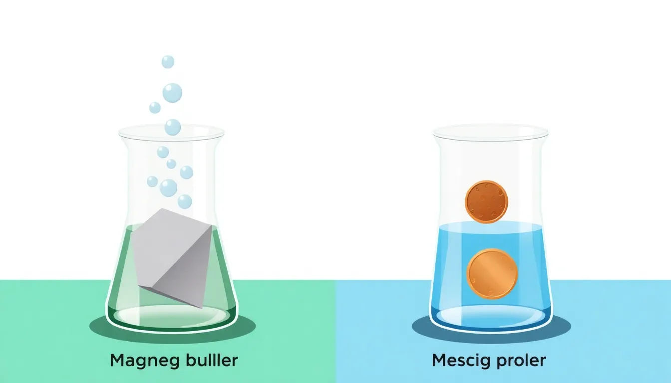 A clean educational diagram: two identical beakers with equal amounts of HCl solution. Left beaker contains a magnesium piece with gas bubbles rising; right beaker contains a copper piece with no reac