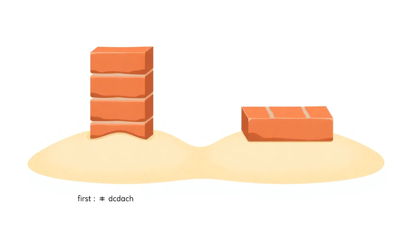 A clean educational diagram showing three setups on a light background. First: one brick placed vertically on its narrow edge on sand. Second: one brick lying flat on its wide side on sand. Third: two