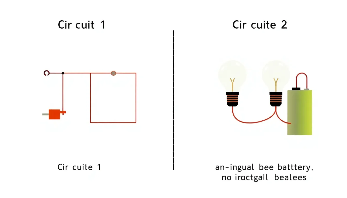 A simple educational diagram comparing two circuits: Circuit 1 has one bulb connected to a battery; Circuit 2 has two bulbs in series connected to an identical battery. Both circuits use same battery,