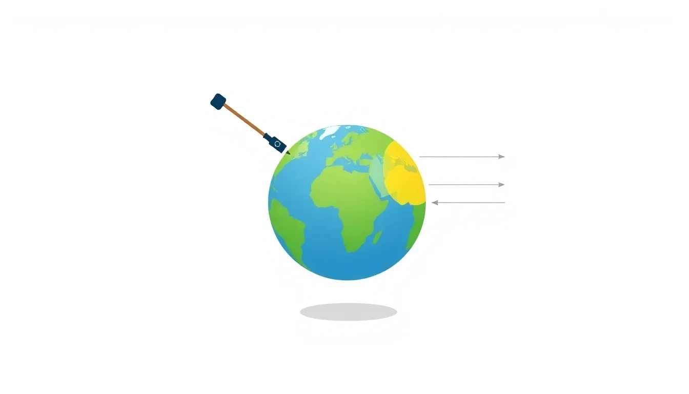 A clean educational diagram showing a tilted globe (23.5° axis) with a stick attached, illuminated by a fixed flashlight representing the Sun. Four Earth positions around the Sun show changing stick s