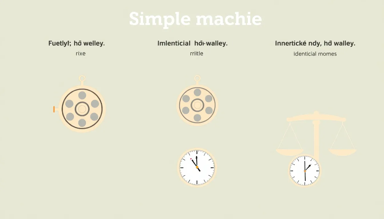A clean educational diagram with three simple machine setups: fixed pulley, movable pulley, and two movable pulley block and tackle. Identical weights P and identical spring scales. Lifting the same h