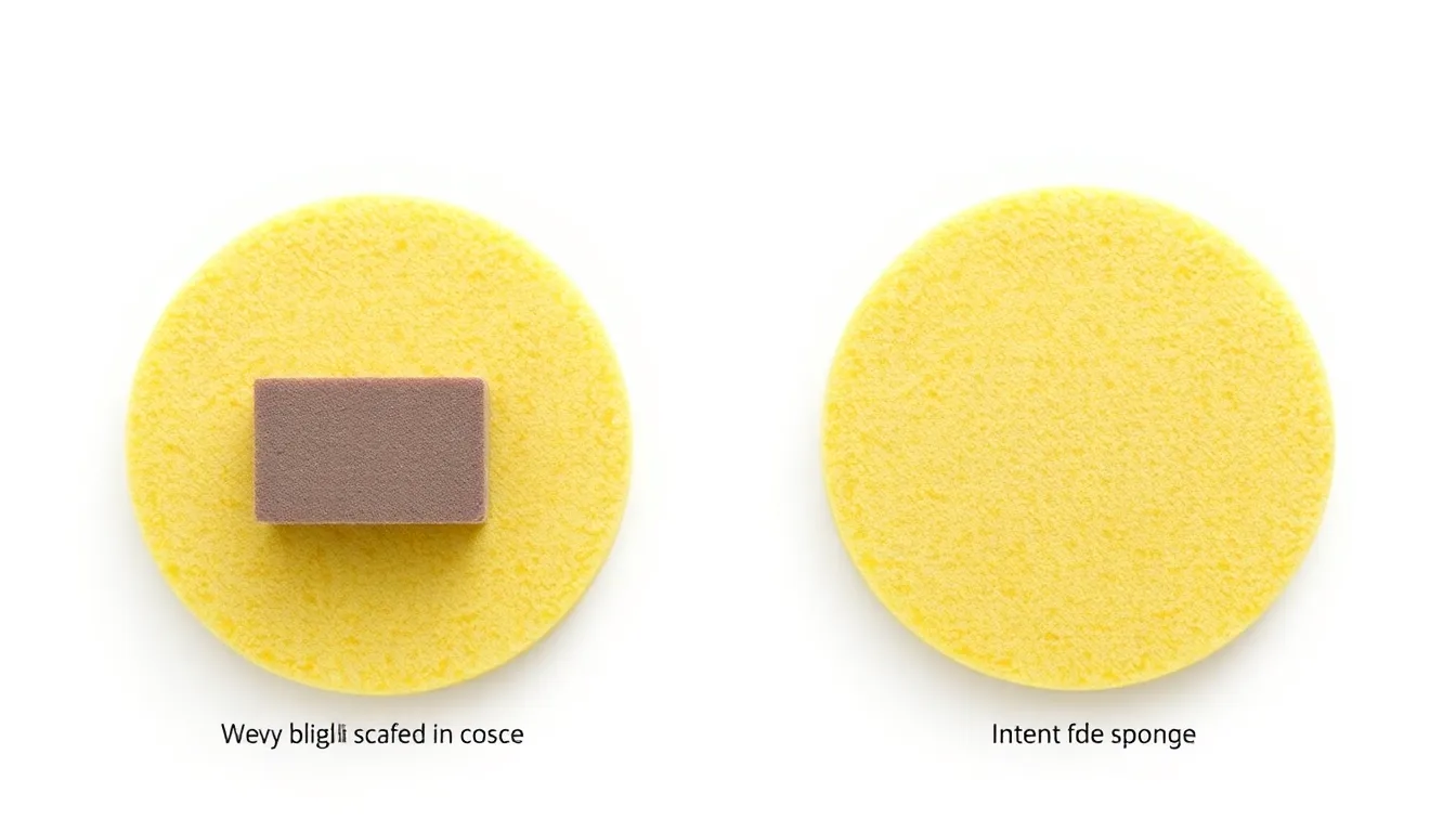A clean educational diagram showing two identical sponges on a white background. On the left sponge, a heavy block is placed on its wide face, causing slight indentation. On the right sponge, an ident