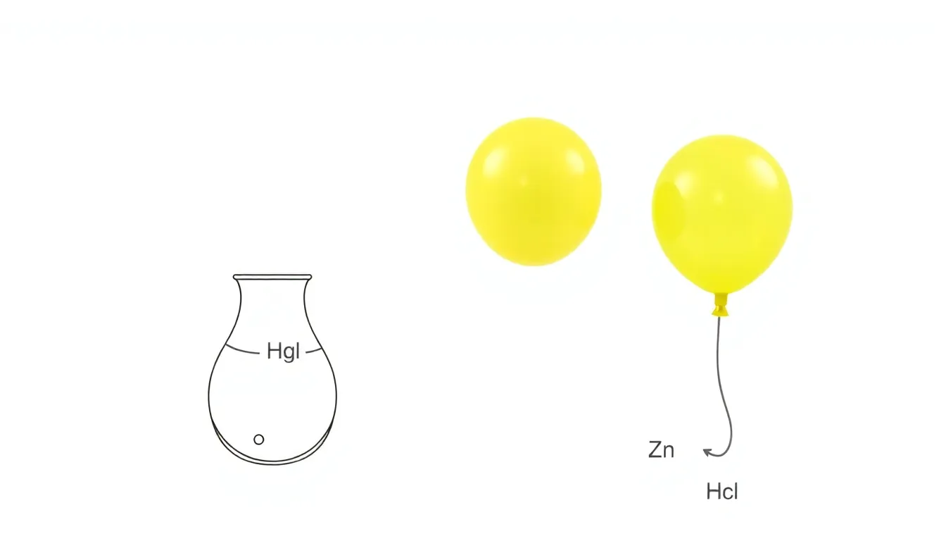 A white background educational diagram: two identical beakers, left labeled Mg with HCl, right labeled Zn with HCl, each connected by a tube to a separate balloon. The left balloon is inflating faster