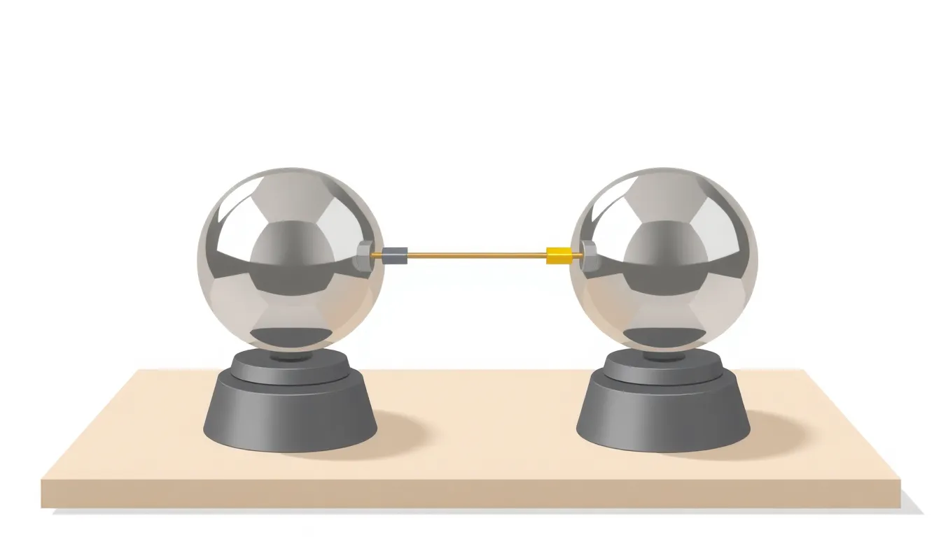A clean educational diagram for a middle school science question: two neutral metal spheres on insulating stands, each touched by a charged rod (one positive, one negative). The spheres are separated