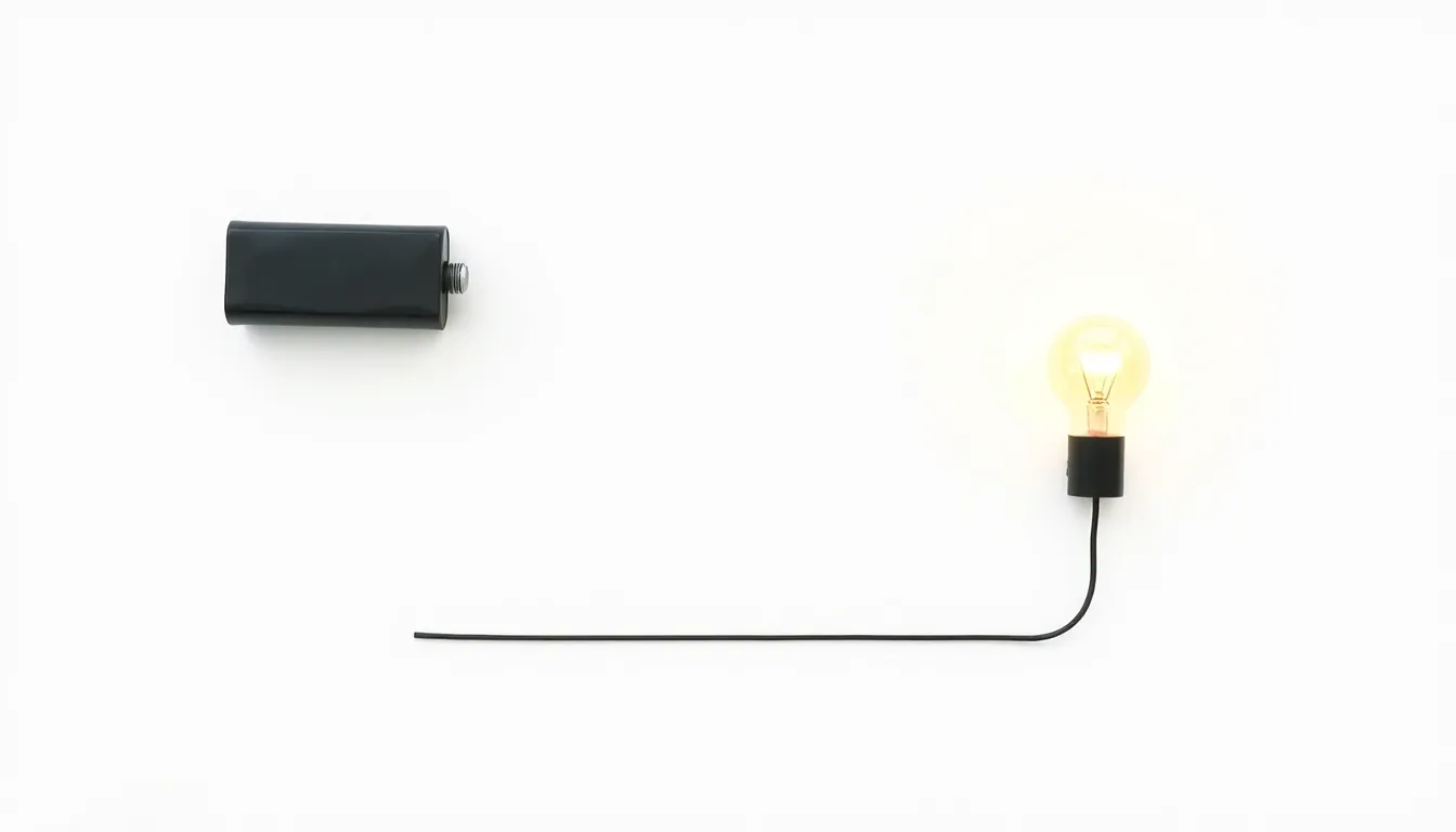 Create a clean, minimal educational diagram for a middle school science question. Show a simple electrical circuit on a white background. Circuit includes a battery, a closed switch, a glowing light b