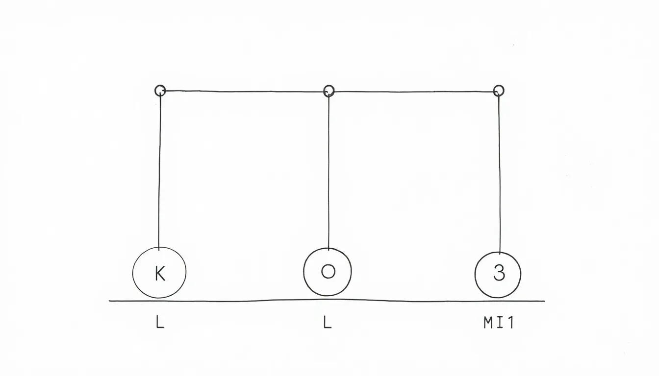 Create a clean educational diagram on a white background: three identical weights (K, L, M) lifted to the same height using different numbers of movable pulleys — K with 1, L with 2, M with 3. Each sy