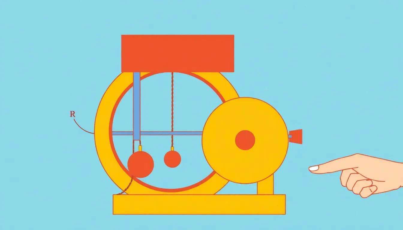 A simple educational diagram of a wheel-and-axle system with two cylinders on a common axis, larger radius R and smaller radius r. A weight P hangs from a rope on the smaller cylinder, and a hand appl