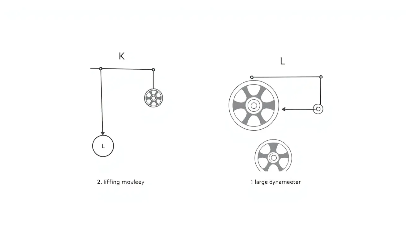 A simple physics diagram of two pulley systems labeled K and L on a white background. K has one fixed and one movable pulley lifting a weight P, with a large dynamometer showing higher force. L has tw