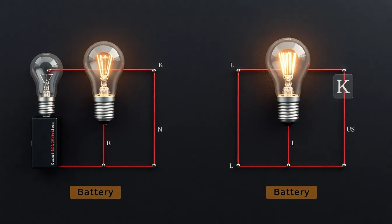 A minimal educational diagram: Two separate simple circuits side by side, each with identical battery, identical bulb, and connecting wires. One circuit has a short thick wire labeled K, the other a l