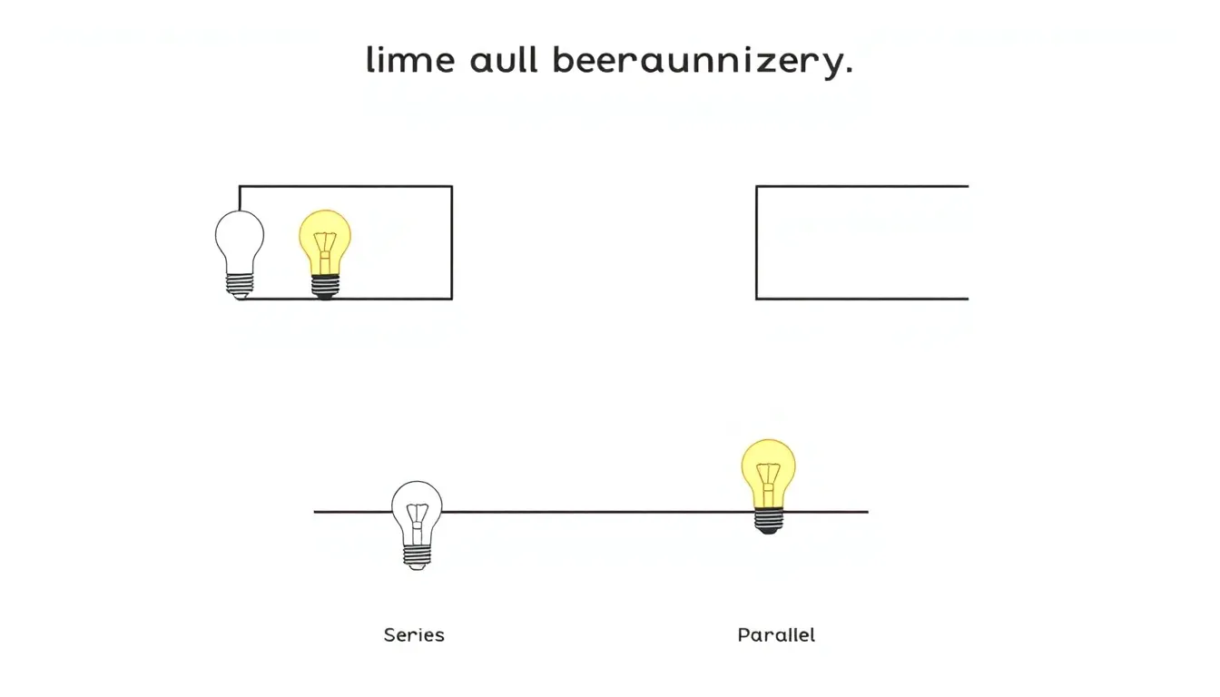 A simple educational infographic diagram comparing two circuits with one battery each: top circuit has two identical bulbs in series, bottom circuit has two identical bulbs in parallel. Minimal style,