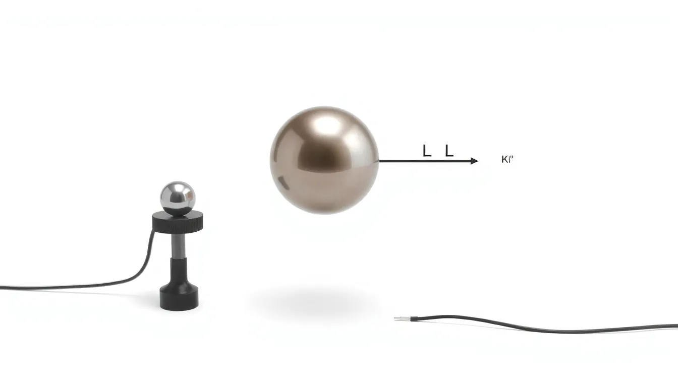 A minimal educational diagram on a white background. A neutral metal sphere (K) on an insulating stand, connected to a wire. A negatively charged rod (L) is near but not touching the sphere, with arro