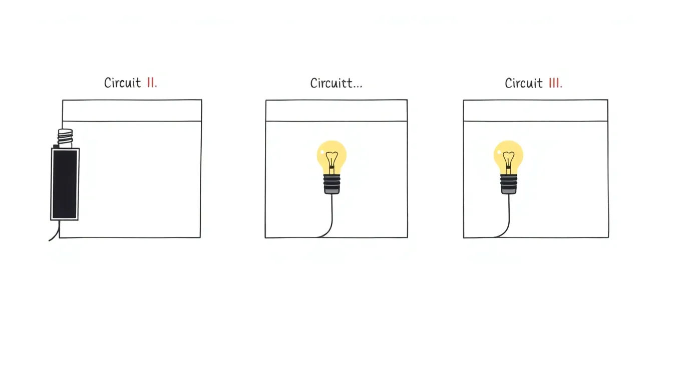 A clean educational diagram showing three simple electric circuits with identical batteries and identical light bulbs on a white background. Circuit I: one bulb, one ammeter showing 0.6 A. Circuit II: