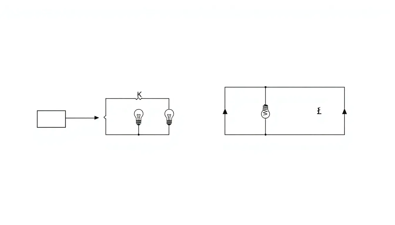 A clean minimalist diagram comparing two simple electrical circuits side by side on a white background. Left circuit: one battery connected to two identical bulbs (K and L) in parallel. Right circuit: