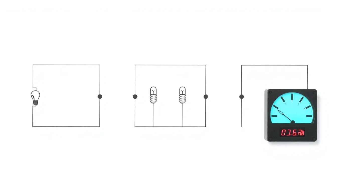 A clean educational diagram showing three parallel circuits side by side on a white background. First circuit: one bulb and an ammeter showing 0.6A. Second circuit: two parallel bulbs with ammeter sho