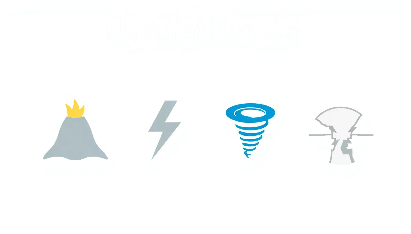 A minimal educational infographic showing four natural force icons on a clean white background: a volcano erupting, a lightning bolt, a tornado spiral, and an earthquake crack. No text. Simple flat ve