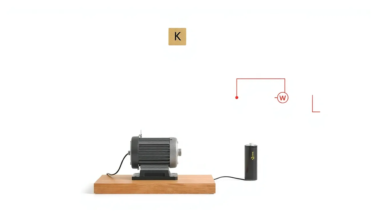A minimal educational diagram on a white background: an electric motor on a table, a string from the motor lifting a block labeled K upward, a simple circuit with a battery and a rheostat (variable re