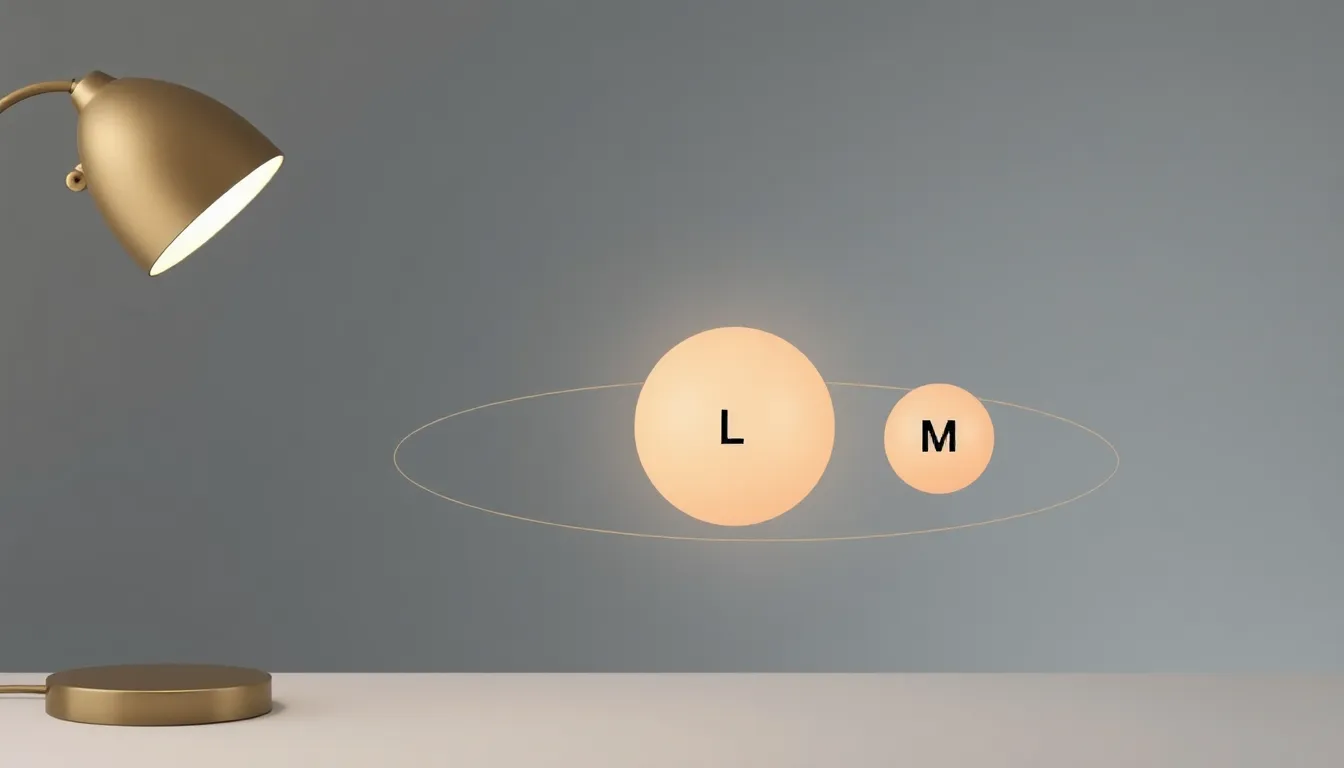 A minimal, educational diagram for an LGS science question. A desk lamp representing the Sun on the left. Three identical spheres (K, L, M) on a tilted elliptical orbit around the lamp, each with a sm