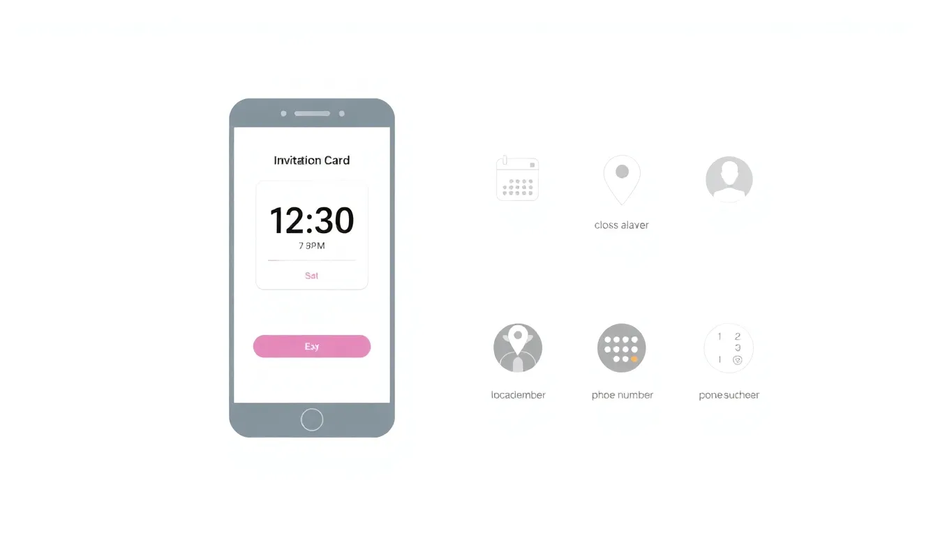 A minimal educational infographic showing a smartphone screen with an invitation card interface. Clean white background, no text. Visual elements: calendar date icon, clock icon showing a specific tim