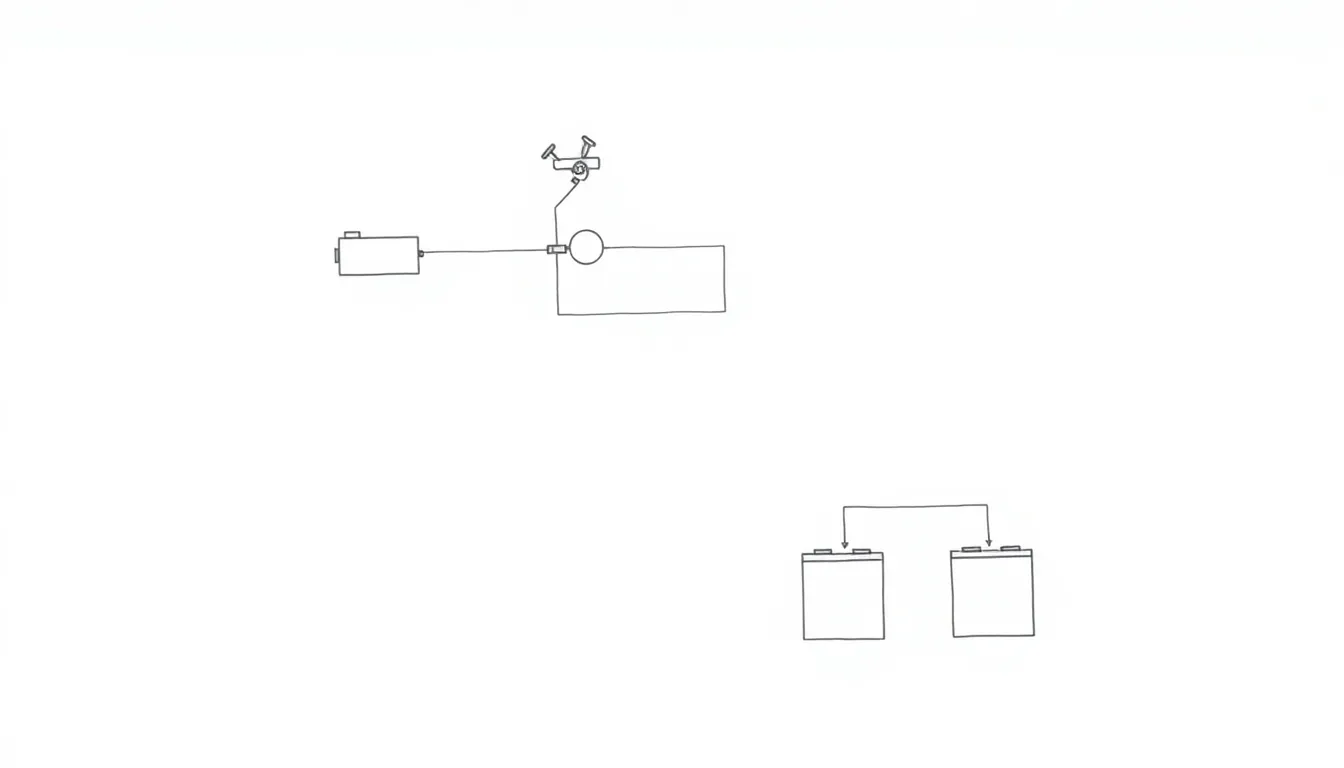 A minimal educational diagram showing a simple circuit with one battery, a motor, and a propeller on a white background. Then a second diagram below showing two batteries connected in series to the sa