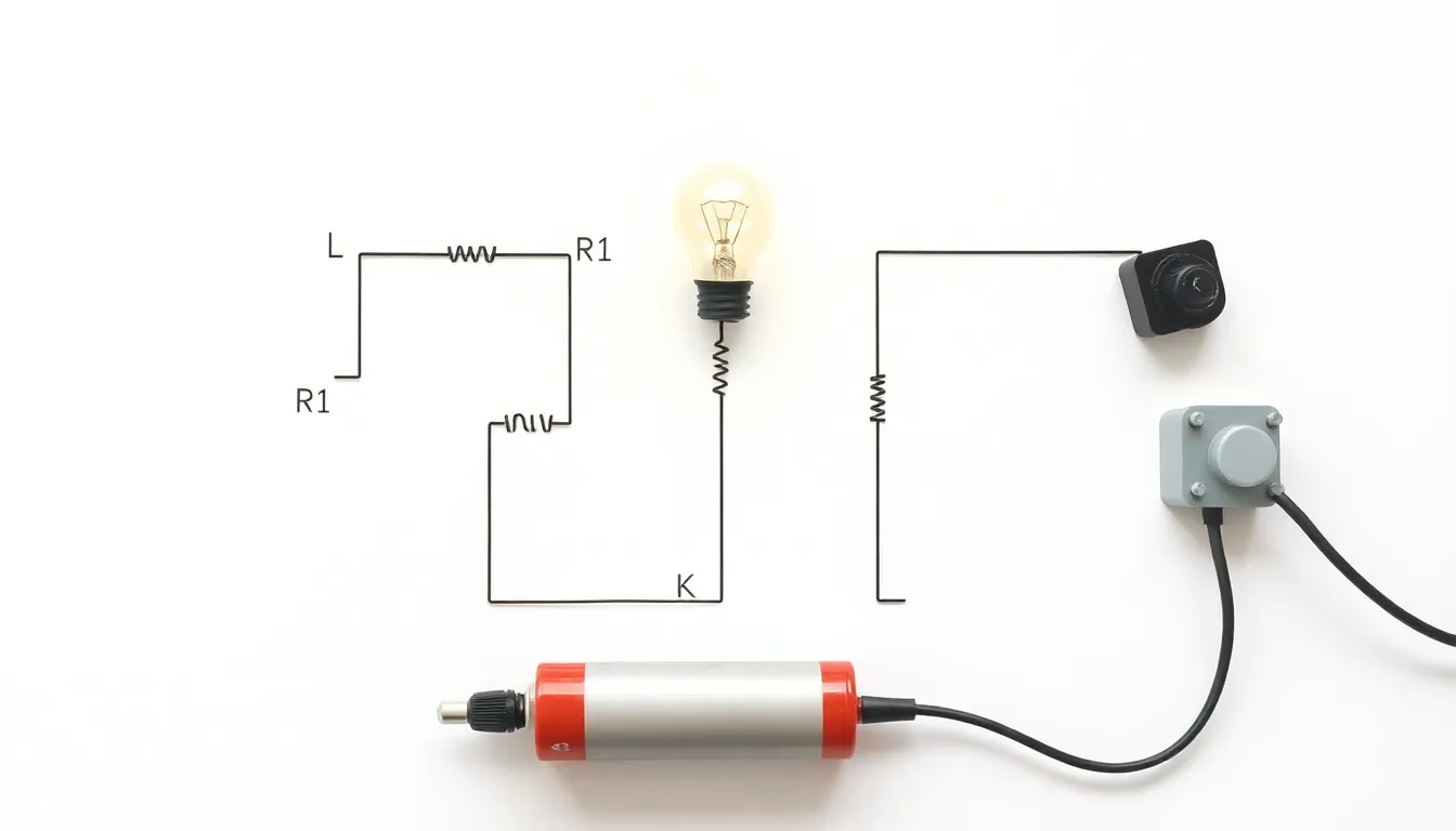 A minimal educational diagram of an electrical circuit with one bulb, two identical resistors (R1, R2) connected in parallel, each controlled by a separate switch (K and L), battery, wires, on a white