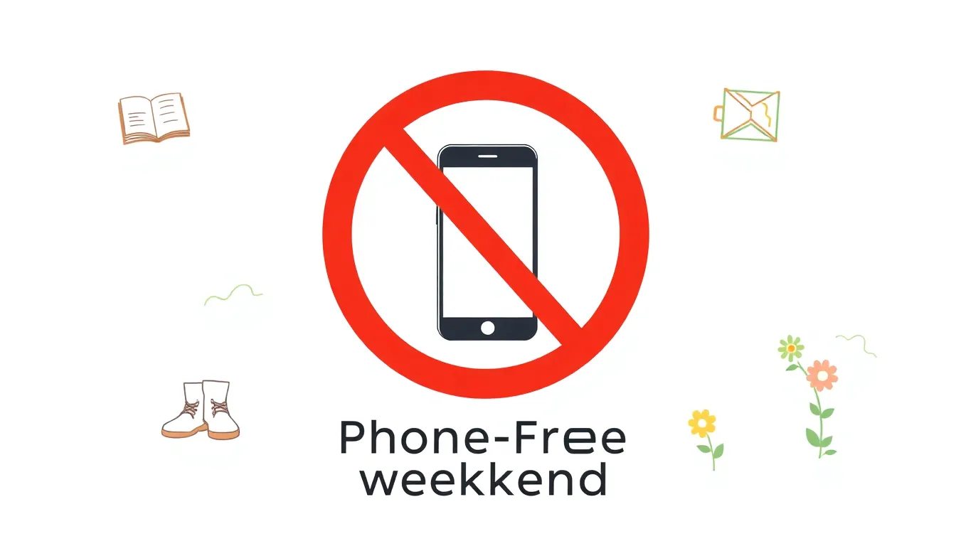 A minimal educational infographic poster for a 'Phone-Free Weekend' event. Clean white background, no text. Central graphic shows a smartphone inside a red prohibition circle. Around it, simple vector