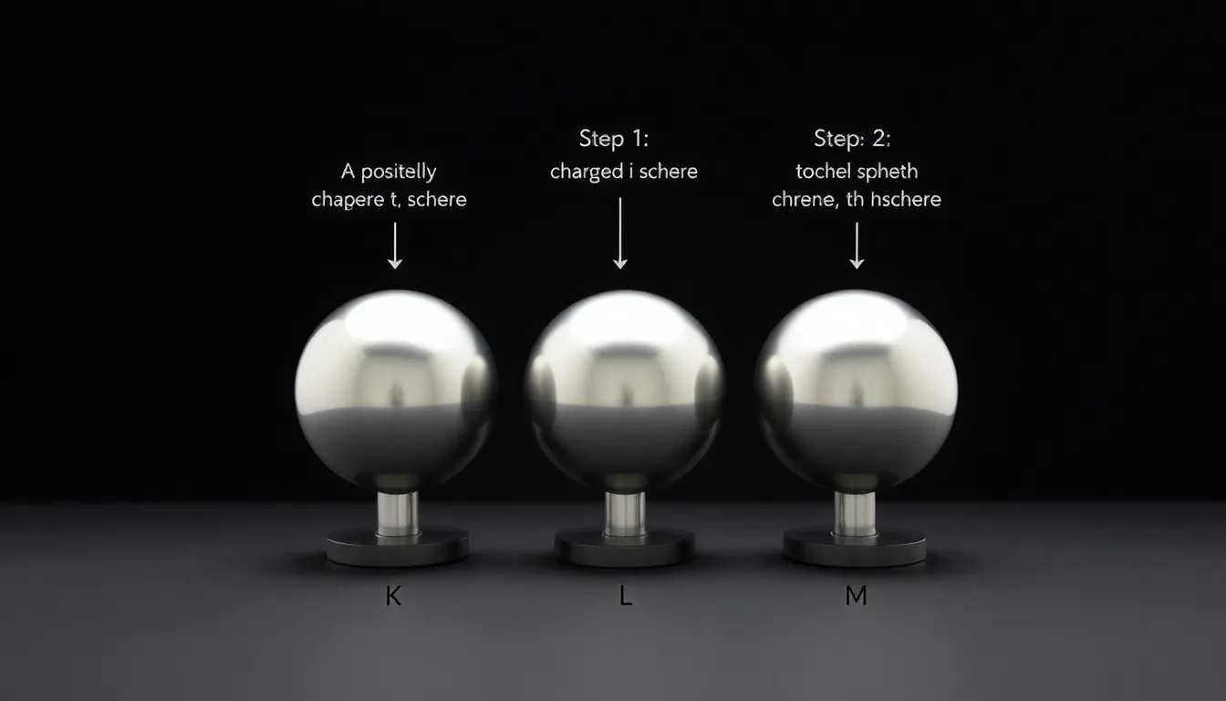 A minimal educational diagram showing three identical neutral metal spheres K, L, M on insulated stands. Step 1: a positively charged glass rod touching sphere K. Step 2: sphere K touching sphere L th