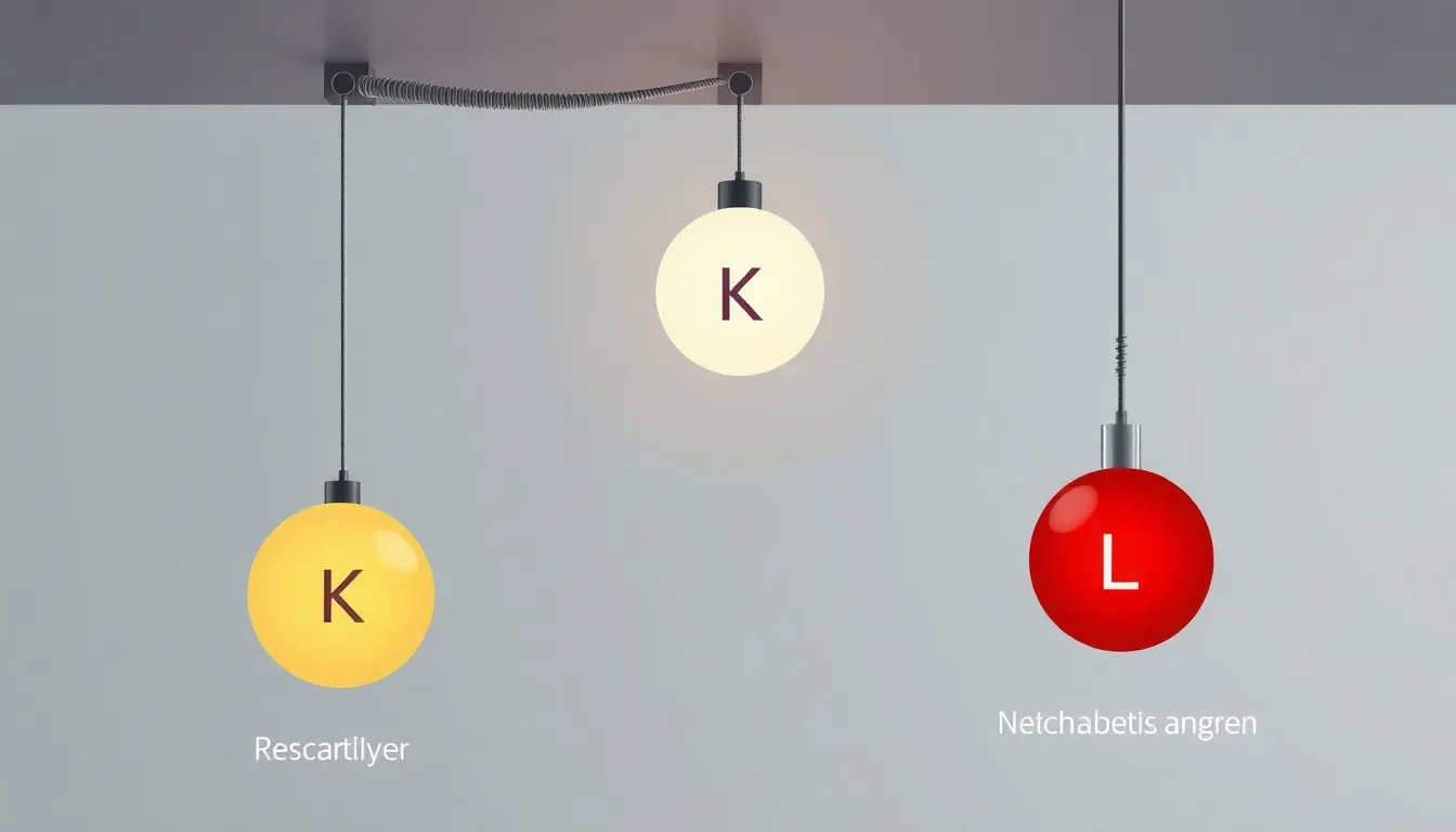 A minimal educational diagram showing a neutral conductive sphere K hanging from an insulated string on a ceiling. A negatively charged conductive sphere L with an insulated handle approaches sphere K
