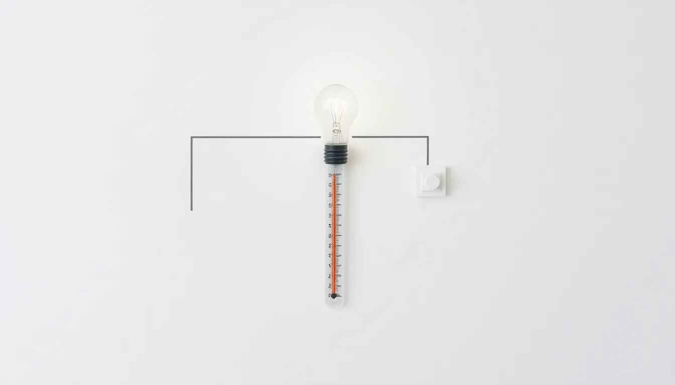 A minimal educational diagram showing a simple electrical circuit: a battery connected to a light bulb and a switch. A thermometer is placed directly in front of the lit bulb. Clean white background,