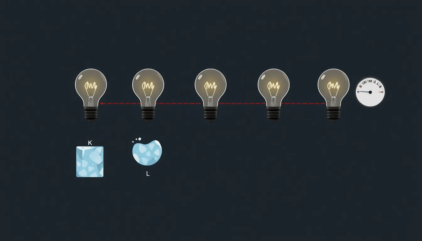 A minimal educational diagram in LGS style. Circuit diagram with a battery and three identical bulbs K, L, M in parallel. An ammeter in series. Bulb K has an ice cube in front, Bulb L a candle, Bulb M