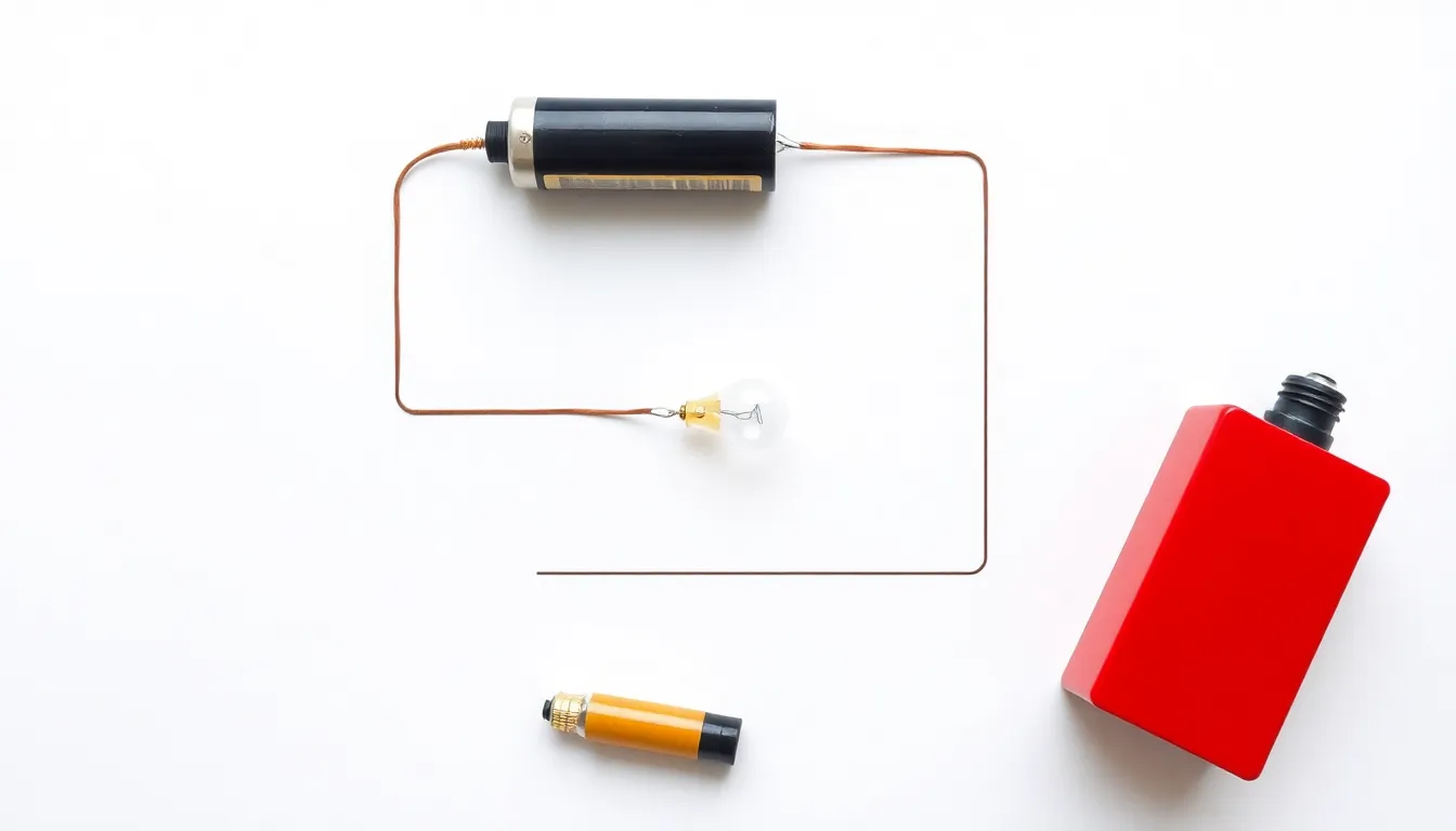 A minimal educational diagram on a white background showing a simple electrical circuit: a battery connected by a copper wire, with a light bulb in the circuit, and three distinct objects placed in se