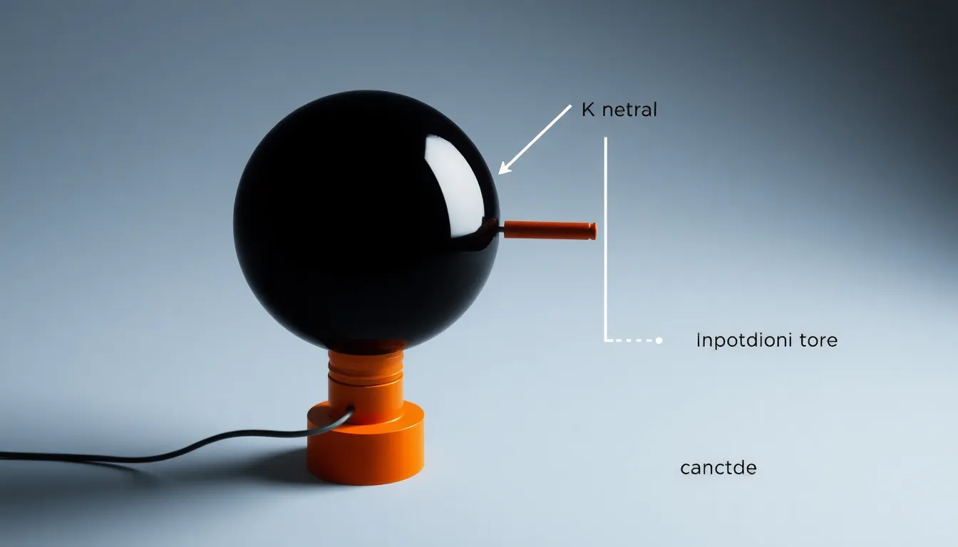 A minimal educational diagram showing a neutral conductive sphere K on an insulating stand. A positively charged rod L on an insulating handle approaches the sphere. Then a grounding wire connects sph